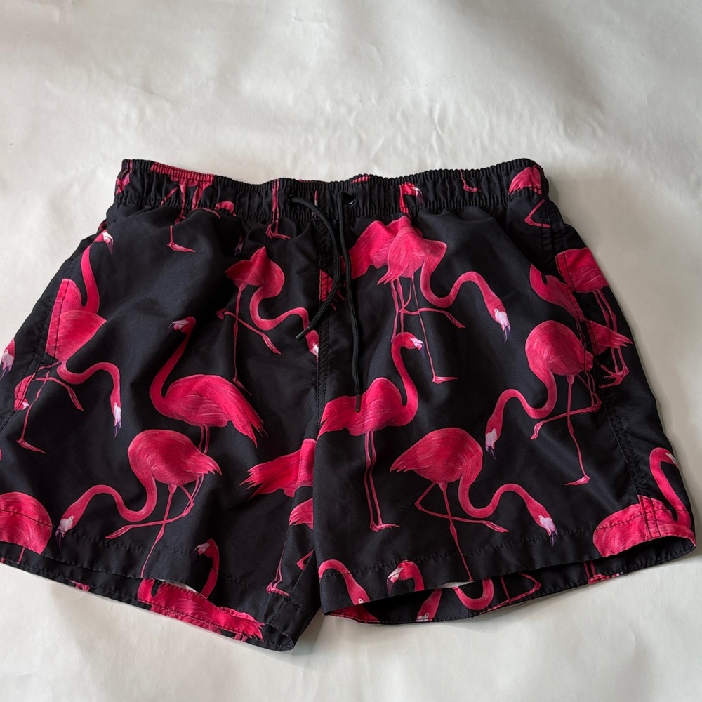 H&M 🦩 Flamingo Black Pink Athletic Surf Swim Trunks Suit Board Shorts Unisex M
